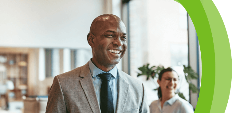 Person smiling at clients